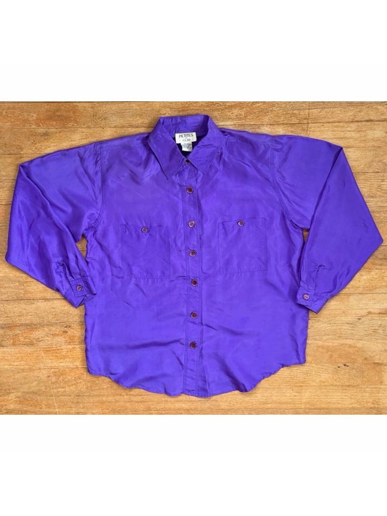 Vintage Purple Oversize Silk Blouse Size Small/Medium 80s Long Sleeve Top Shirt